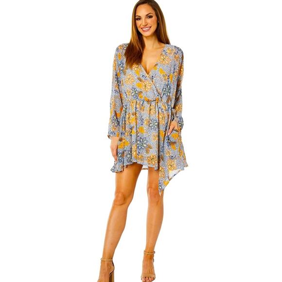 NWT Free People Dress Teegan Mini Faux Wrap Top Long Sleeve Floral V-Neck Large - Picture 2 of 10